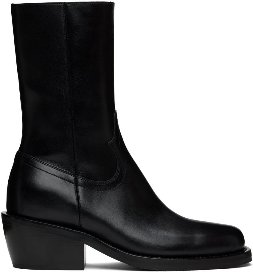 新作*Dries Van Noten* ミドルレザーブーツ75 ブラック DRIES VAN NOTEN レザー アンクルブーツ | ミスターポーター
