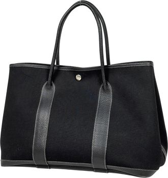 Herm&egrave;s Black Toile Officier Leather Handbag Tote Bag (Pre-Owned)