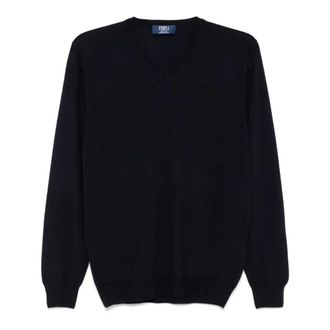 Fedeli V-neck Knitwear, male, Blue, Size: S Blue Wool Crew Neck Sweater