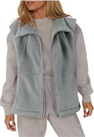 Generic Womens Fleece Gilets - Full Zip Up, Lapel Collar, Two Side Pockets, Loose Fit, Sleeveless Jackets, Teddy Fleece Waistcoat, Ladies Casual Plain Body Wa