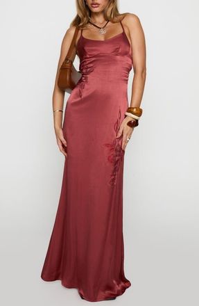 Princess Polly Catch You Up Bead Detail Strappy Back Satin Gown in Red at Nordstrom, Size 10