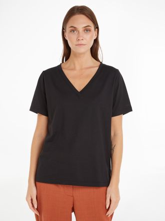 Calvin Klein T-Shirt CALVIN KLEIN, Damen, Gr. S (36), schwarz, Jersey, Obermaterial: 100% Baumwolle, unifarben, Basic, Basic h&uuml;ftbedeckend, V-Ausschnitt, Shirts T-