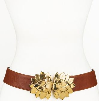 Raina Floral Buckle Leather Belt in Cognac at Nordstrom, Size Medium