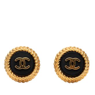 Chanel Tweedehands Cc Verguld Enamel Ronde Clip-On Oorbellen