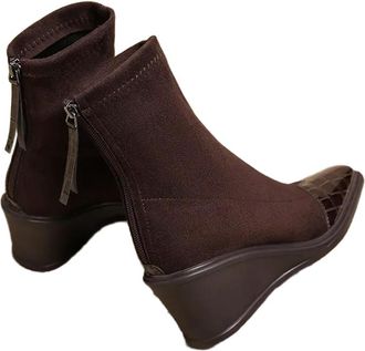 Generic GLDFW Wedge Heel Booties Fall Square Toe Paneled Suede Rear Zipper Soft Slip Booties Dark Brown