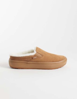Vans mules con plateau in finto shearling marrone chiaro