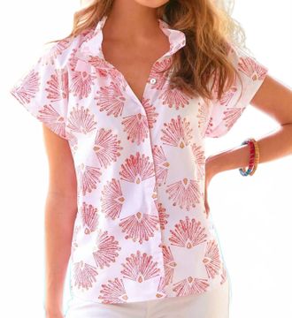 Finley Mended Peacock Print Jenny Top In Coral