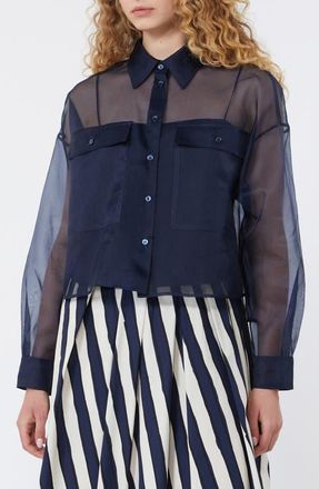 Max Mara Colomba Long Sleeve Silk Button-Up Shirt in Navy at Nordstrom, Size 12
