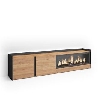 Skraut Home Mueble tv efecto madera roble negro 212x35x50cm chimenea efecto fuego