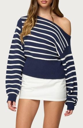 Edikted Mika Stripe Oversize Off the Shoulder Sweater in Navy at Nordstrom, Size X-Small