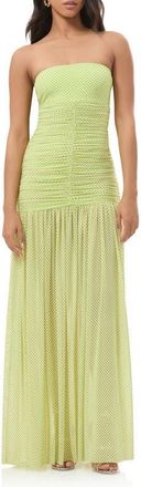 AFRM Denise Polka Dot Ruched Strapless Maxi Dress in Citrus Pin Dot at Nordstrom, Size X-Small