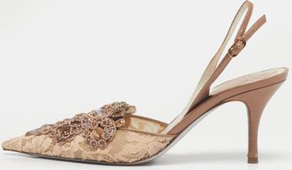 Rene Caovilla Ren&eacute; Caovilla Golden Lace And Leather Crystals Embellished Veneziana Slingback Pumps