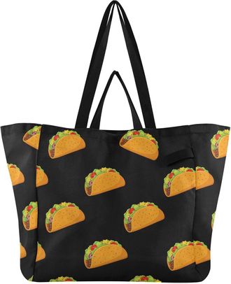 Generic Taco Black pattern Reusable Canvas Tote Bag, Heavy Duty Grocery Shopping Bag with Large Capacity Double Handles Hard Bottom Work Groceries Travel
