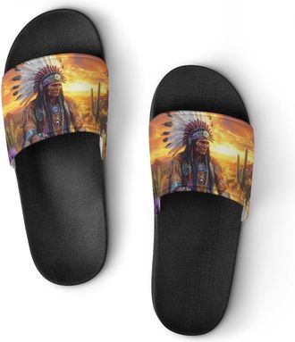 Generic Native Indian Chief Sunset Shower Shoes Slipper for Women Men Beach Slippers Quick Drying Non Slip Open-Toe Sandals
