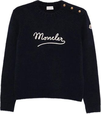 Moncler Trui met ronde hals en geborduurd logo - Dames - Ronde hals truien - Blauw - L - Katoen - Truien & Vesten
