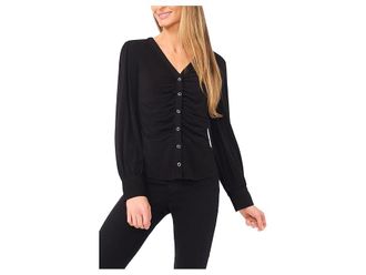 CeCe by Cynthia Steffe Long Sleeve V-neck Shirred Button Down Knit Womens Clothing Rich Black : XS, Spandex