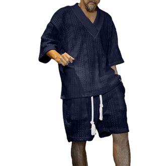 Generic Mens 2 Piece Knitted Set Rolled Short Sleeve Shirts and Shorts Breathable and Comfortable V Collar Shirt Top with Drawstring Elastic Waist Shorts Summ