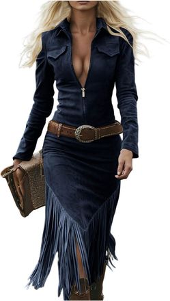 Generic Suede Dresses for Women Uk Western Vintage Faux Suede Dress 70s Outfit Lapel Zipper Cowgirl Midi Dress with Belt and Fringes Wild West Costume Western