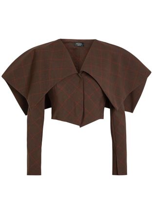 A.W.A.K.E Mode Oversized-collar Checked Cropped Jacket - Brown - 34 (UK6 / XS)