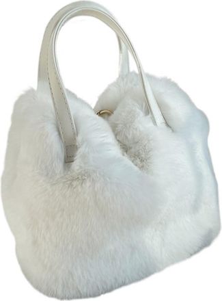 Generic Womens Plush Bags Practical Large-capacity Bucket Bag Handbag Imitation Rabbit Fur Plush Tote Winter(White)