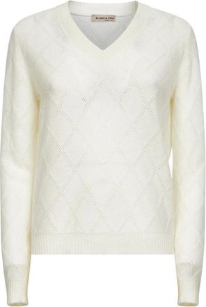Blanca Vita Openwork Trui met Diamantsteek en V-hals - Dames - Cashmere truien - Beige - 2XS - Kasjmier - Truien & Vesten