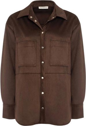 Manila Grace Shirt met su&egrave;de-effect en opgestikte zakken - Dames - Blouses & Shirts - Bruin - Maat: S Su&egrave;de