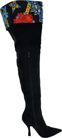 Versace Over The Knee Boots w/ Crystals in Black Cotton