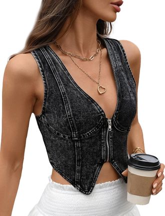 Feoya Womens Denim Vest Vintage Croppped Waistcoat V-Neck Back Slit Jean Gilet with Front Zip Slim Vest A2 S