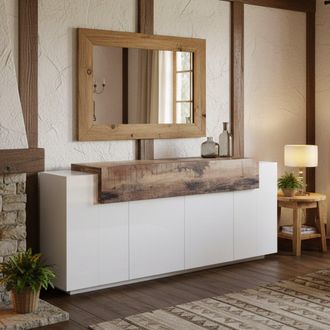 Dmora Aparador Moderno De 5 Puertas, Made In Italy, Aparador De Cocina, Buffet De Dise&ntilde;o Para Sala De Estar, Cm 200x45h86, Color Blanco Brillante Y Arce, Co