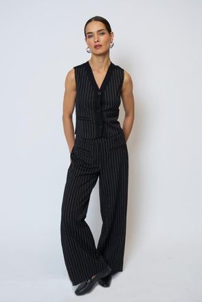 Central Park West Astrid Pinstripe Vest in Black at Nordstrom, Size Medium