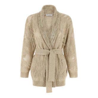 Brunello Cucinelli Truien & Vesten, Dames, Beige, XS, Katoen, Gehaakt vest in badjasstijl