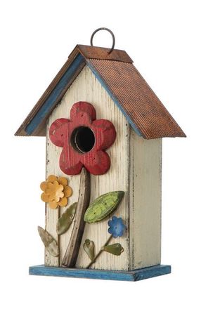 Glitzhome 10H Multicolor Cute Distressed Solid Wood Birdhouse with 3D Flowers in White at Nordstrom, Size Medium