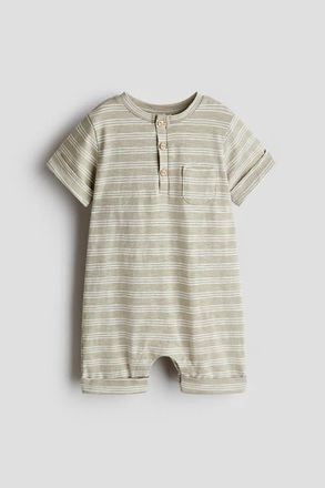 H&M Printed Cotton Romper Suit in Light Khaki Green/striped at Nordstrom, Size Newborn