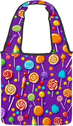 Generic Purple Candy Pattern Reversible Canvas Shoulder Tote - Double-Sided Print, 12oz Cotton, 27cm Drop, Fold-Flat Bag for Travel, Shopping, Street Outings