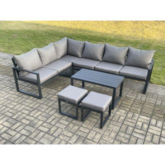 Fimous Fimous Aluminium Garden Furniture Set Outdoor Indoor Lounge Corner Sofa Oblong Coffee Table Sets with 2 Small Footstools Dark Grey