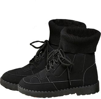 Generic Cuff Winter Ankle Boots, Womens Platform Round Toe Lace Up Short Boots, Thermal Medium High Casual Shoes for Fall and Winter (8.5,Black)