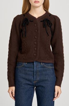 Wayf x Sara Walker Jackie Velvet Bow Cable Stitch Cardigan in Espresso at Nordstrom Rack, Size X-Small
