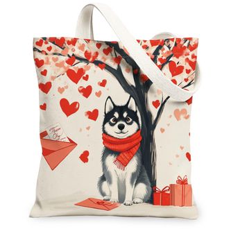 Generic Valentines Day Husky Dog Canvas Tote Bag for Shopping 13x15, Fun Heart Tree Puppy Reusable Grocery Print Pattern Bag for Women, Pet Beach Aesthetic Pa