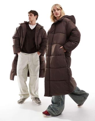 Collusion Unisex maxi puffer jacket with hood in brown-Green