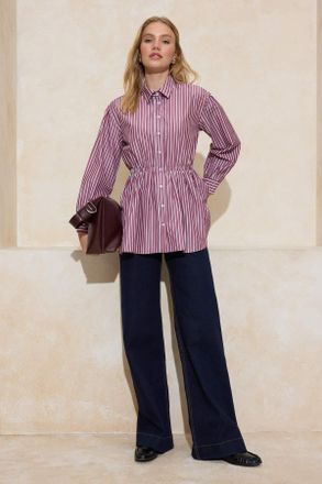 Trendyol Modest Dames Bordeaux Gestreept Lang Getailleerd Modest Overhemden