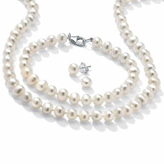 Palm Beach Jewelry 3 Piece Cultured Freshwater Pearl Necklace Bracelet and Earrings Set.925 Silver