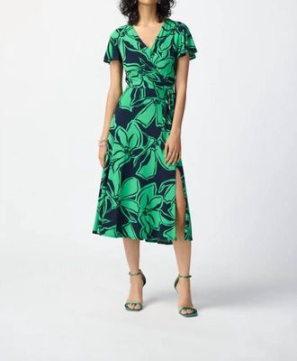 Joseph Ribkoff Floral Print Silky Knit Flowy Midi Wrap Dress In Midnight Blue/green