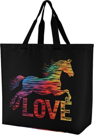 Generic Love Horses Rainbow Horse Silhouette Reusable Shopping Bags Large Capacity Grocery Bag Heavy Duty Tote for Women 40x40x16cm