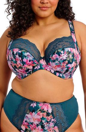 Elomi Lucie Full Figure Underwire Plunge Bra in Teal Floral at Nordstrom, Size 34Gg