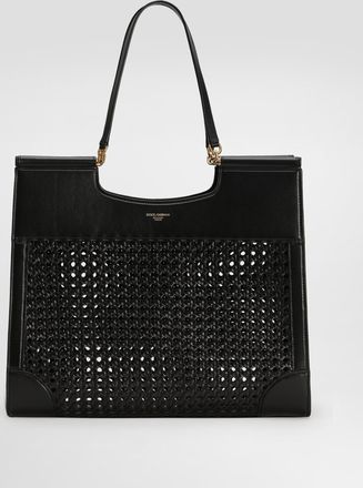 Dolce & Gabbana Shopping Sicily In Straw And Calfskin Weave - Woman Tote Bags Black Onesize