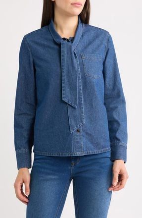 Anne Klein Tie Neck Denim Shirt in Aries Wash at Nordstrom, Size X-Large