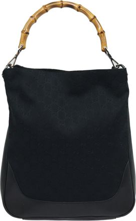 Gucci Bamboo Leather Black Canvas Backpack Bag (Pre-Owned)