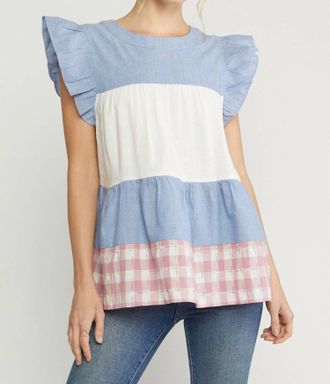Entro Mixed Print Tiered Top In Blue