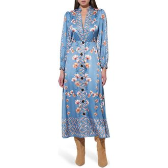 Adelyn Rae Jailyn Floral Print Long Sleeve Satin Maxi Dress in Haze Blue at Nordstrom Rack, Size X-Large