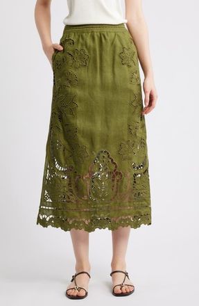 Farm Rio Majestic Garden Embroidered Eyelet Linen Midi Skirt in Green at Nordstrom, Size Xx-Small